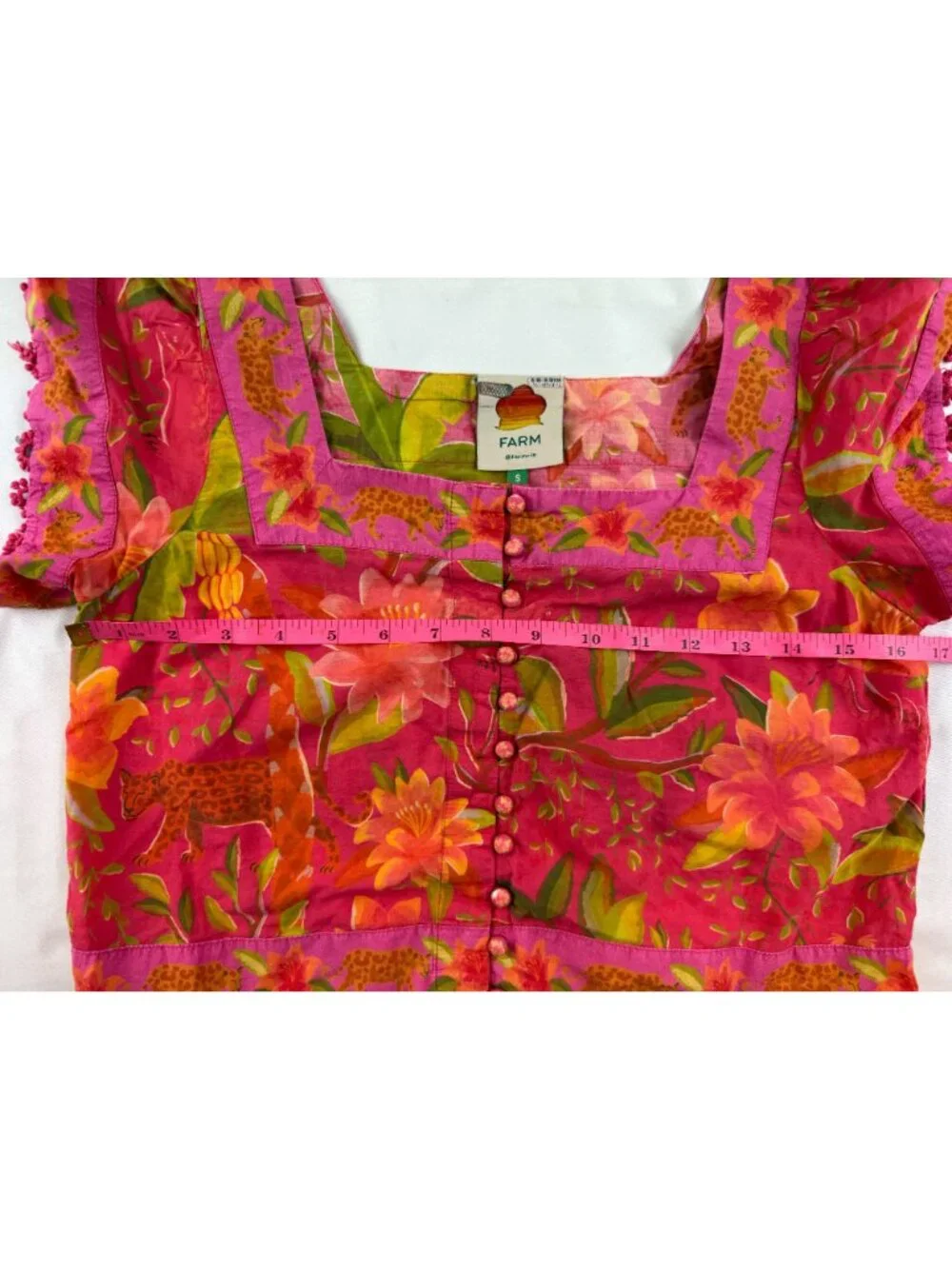 Farm Rio Tropical Print Puff Sleeve Crop Top Pink S